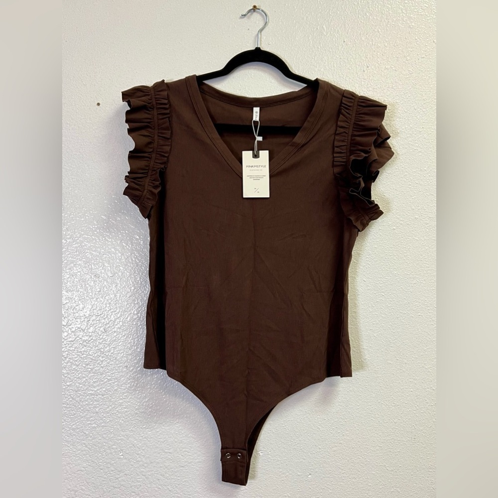 Women’s Ruffle Trim Brown Bodysuit Size 2XL